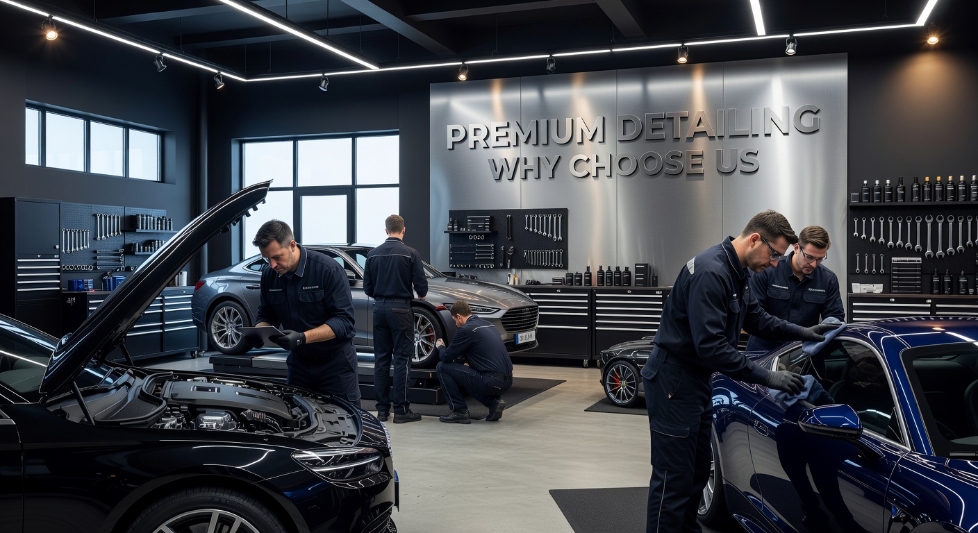 Expert mechanics working in a modern luxury car service workshop