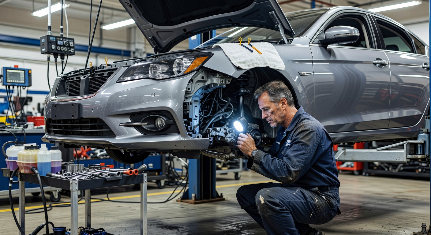Mechanic performing full car service inspection