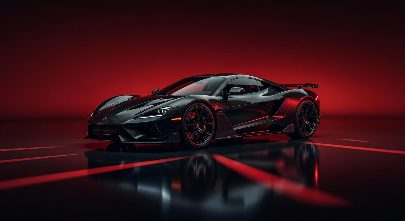 Sleek luxury sports car lit with dramatic red studio lighting