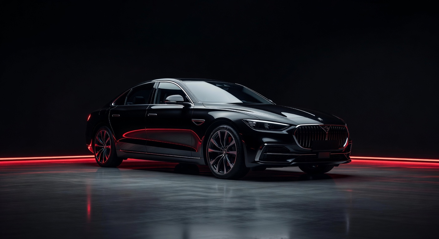 Premium luxury car in dark studio with red accent lighting