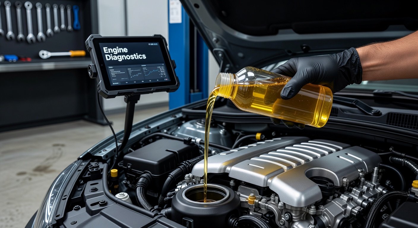 Pouring premium synthetic oil into car engine